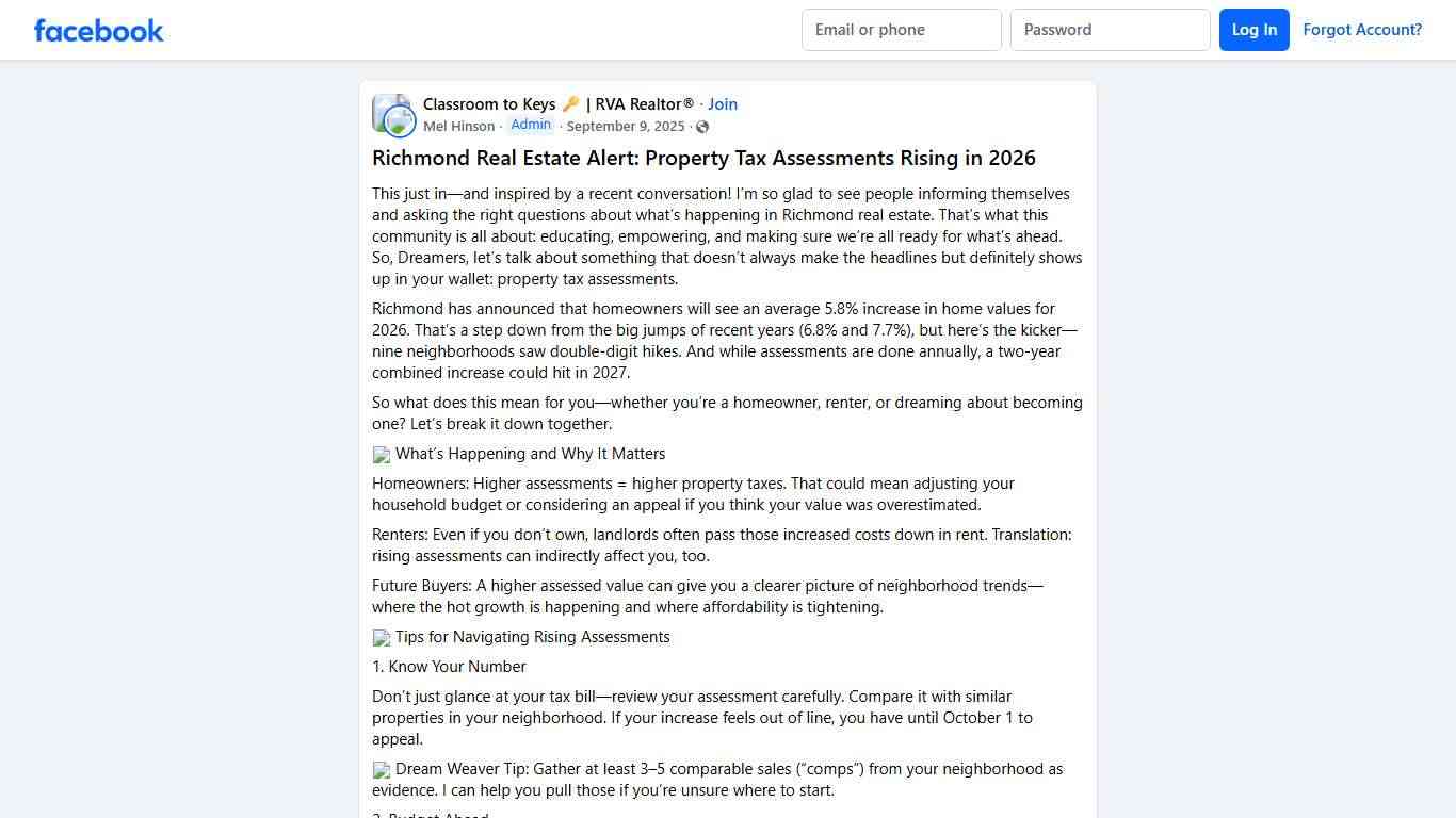 Classroom to Keys 🔑 RVA Realtor Richmond Real Estate Alert: Property Tax Assessments Rising in 2026 Facebook