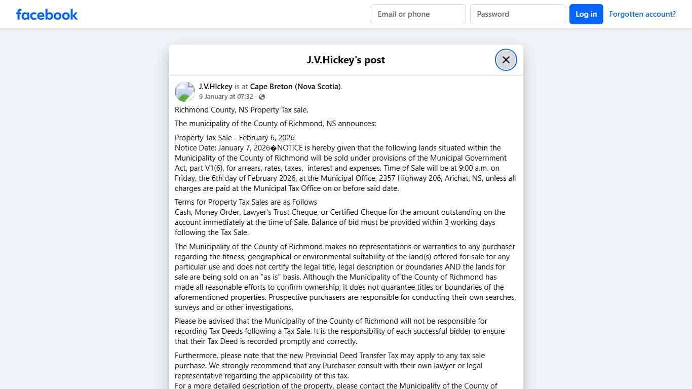 J.V.Hickey - Richmond County, NS Property Tax sale. The... Facebook